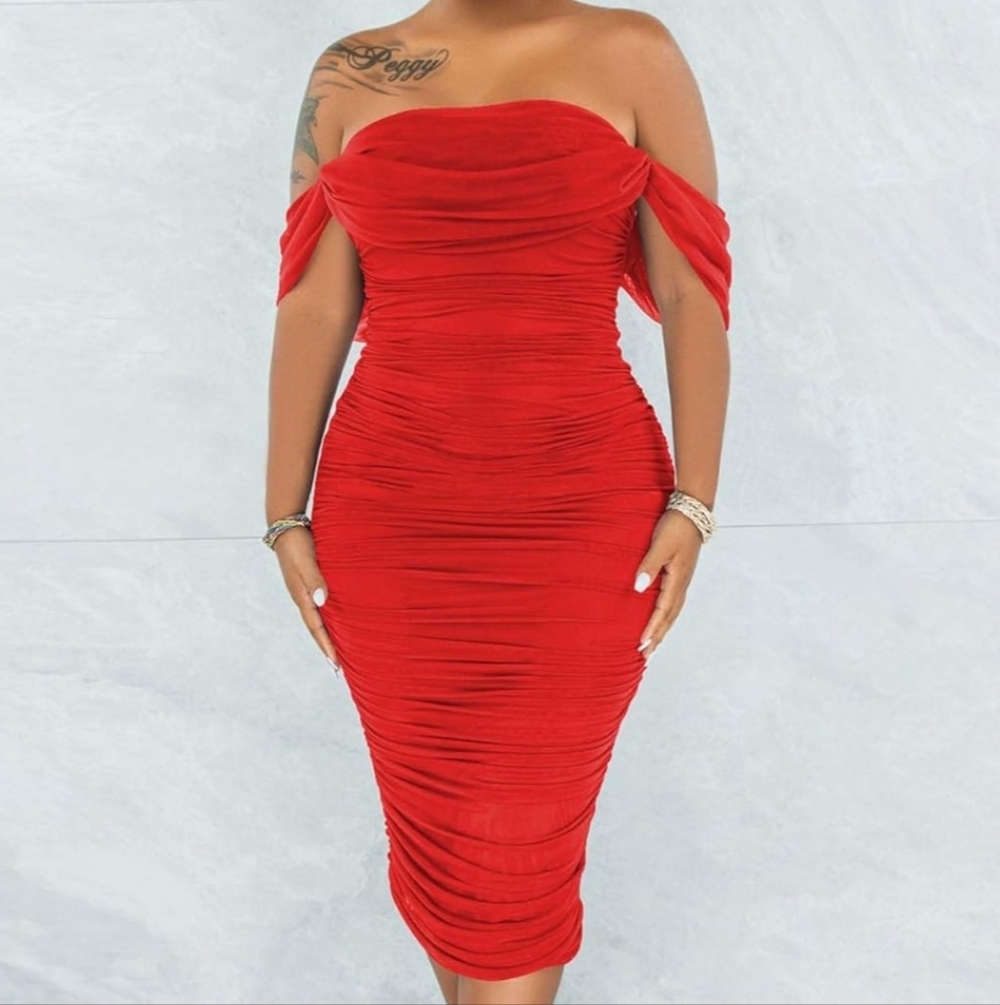 Women Ruched Off Shoulder Dress Bodycon Party Elegant Midi Dresses